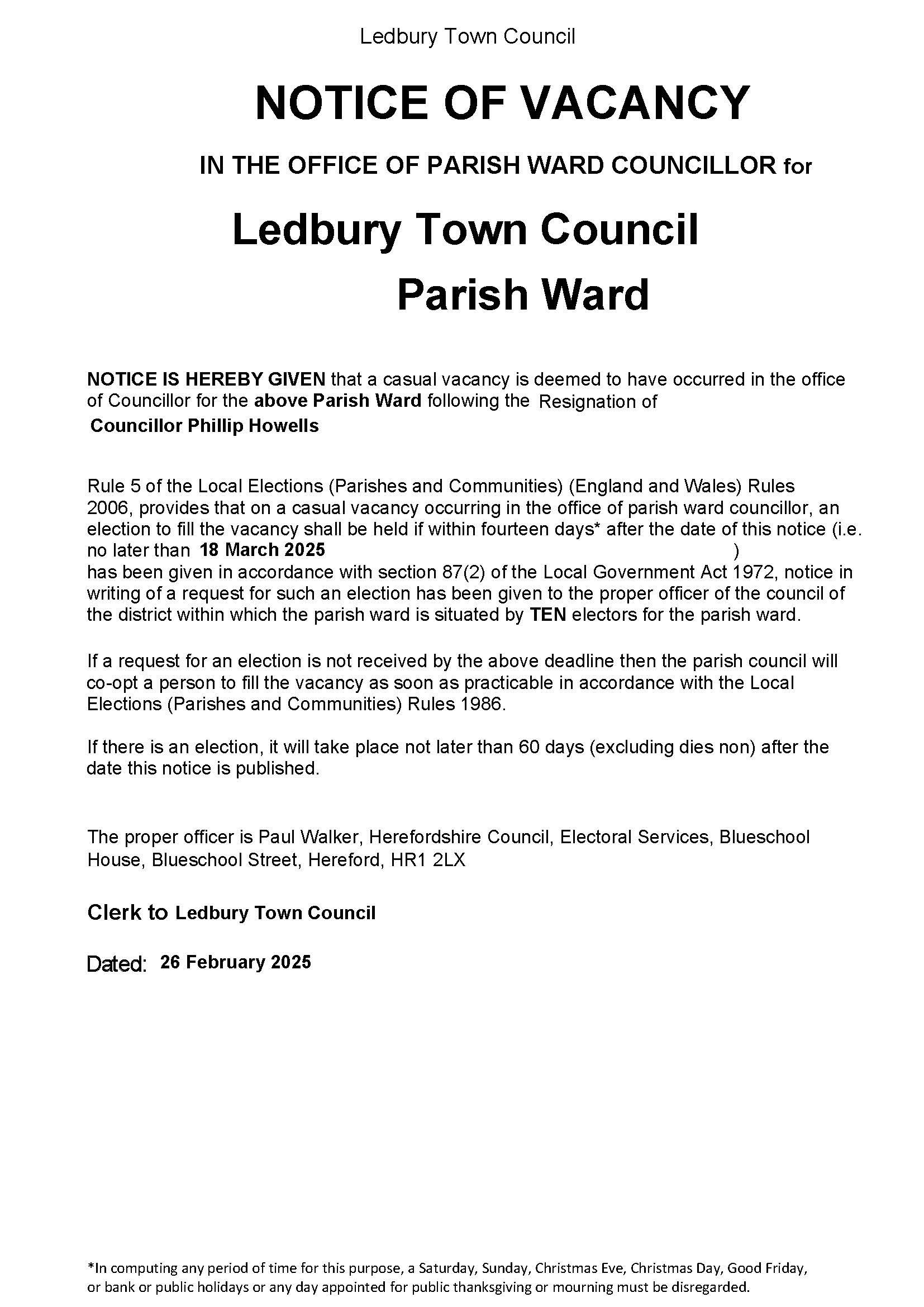 Notice of Vacancy - Councillor Howells